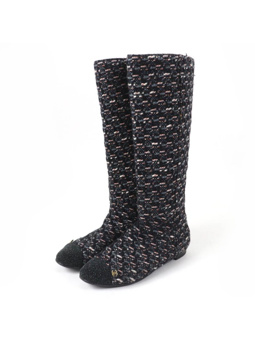 Chanel CC Logo Back Zip Tweed Flat Long Boots Multicolor